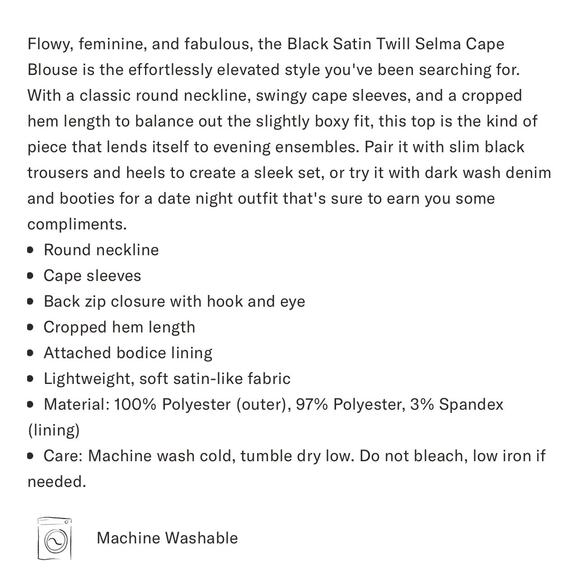 TUCKERNUCK Black Satin Twill Selma Cape Blouse NWT Size Small - Picture 8 of 9